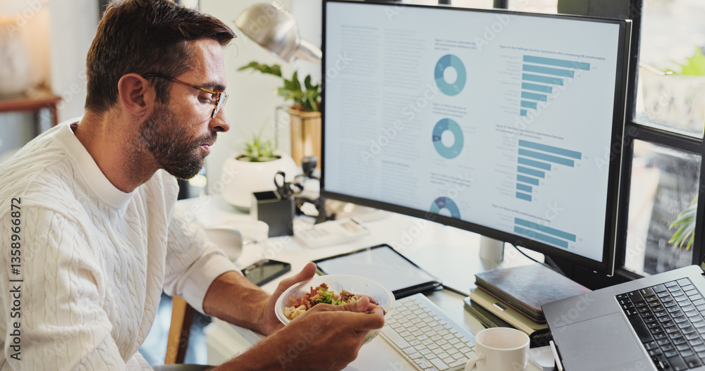 Aufkleber breakfast, remote work and man with computer, home and review of graphs for report, online or data a