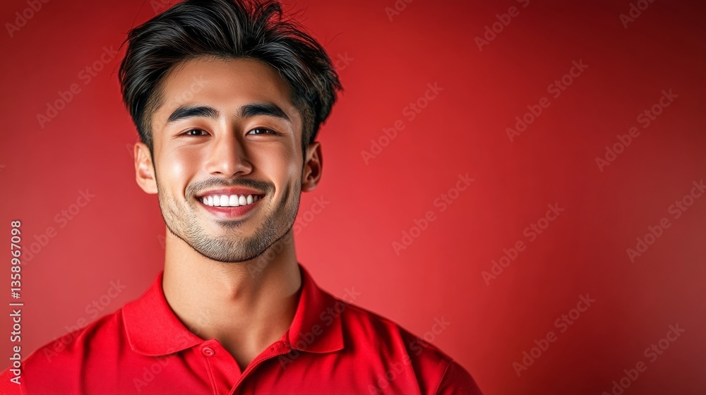 Poster man with a red shirt is smiling and looking at the camera. he has a beard and a mustache