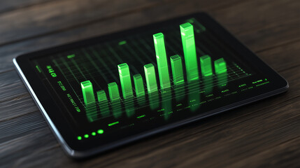 Corporate Sustainability Reporting Directive (CSRD) Concept, Digital Tablet Displaying 3D Green Growing Bar Chart Graph Financial Stock Market Data Analytics
