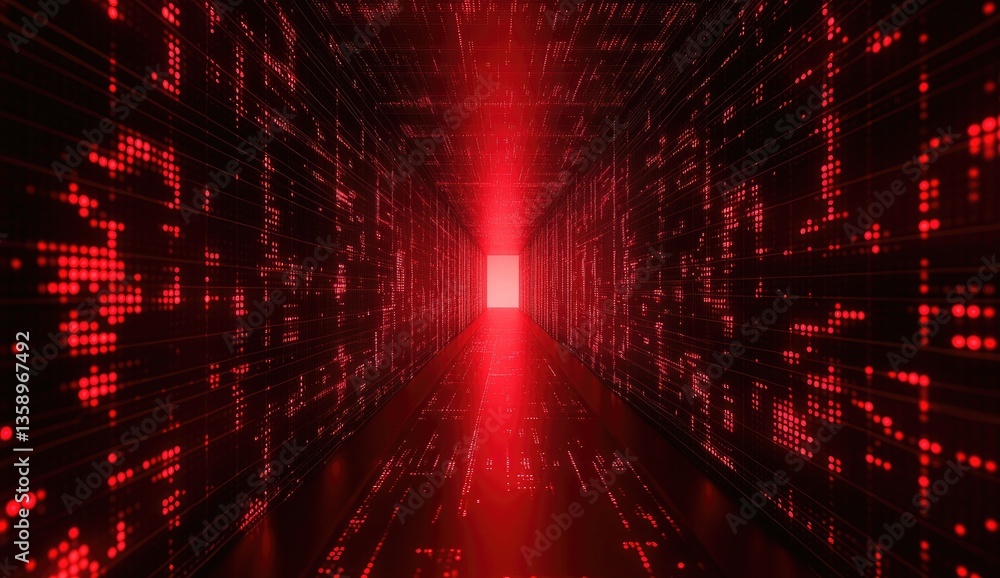 Poster red digital tunnel, glowing with data. a futuristic corridor filled with a vibrant red light display
