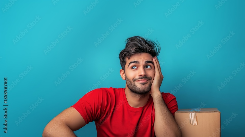 Poster man in a red shirt is sitting on a box and looking at the camera. he is deep in thought