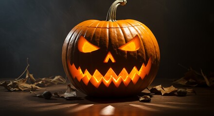 Obraz premium Carved Pumpkin Still Life with Dramatic Halloween Lighting