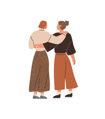 Two women are walking with their arms around each other. One has short hair and the other has a bun. They wear casual outfits. Ideal for friendship, support, togetherness, companionship, and unity