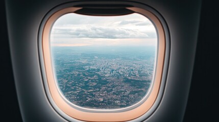 Fototapeta premium Business travel adventure aerial view of city skyline through airplane window