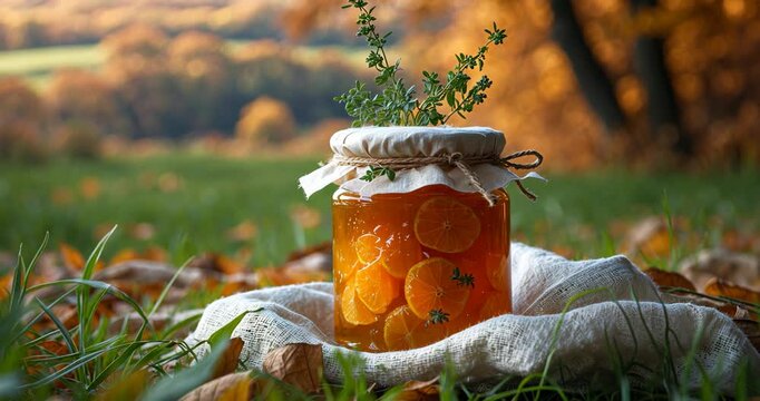 A jar containing linden honey and thyme sprigs wrapped in linen fabric set against an autumn landscape background.