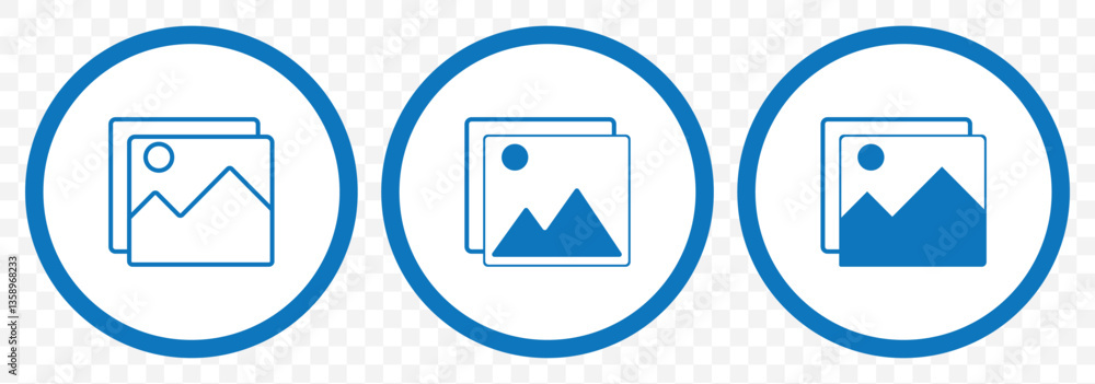 Poster set of add photo vector icons. attach new image or picture. edit album. vector in blue color. galler
