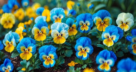 Vibrant yellow and blue pansies flourishing in a garden. Tiny yellow and blue blossoms. Close-up of Viola cornuta blooming flowers, floral wallpaper backdrop featuring bright yellow pansies.