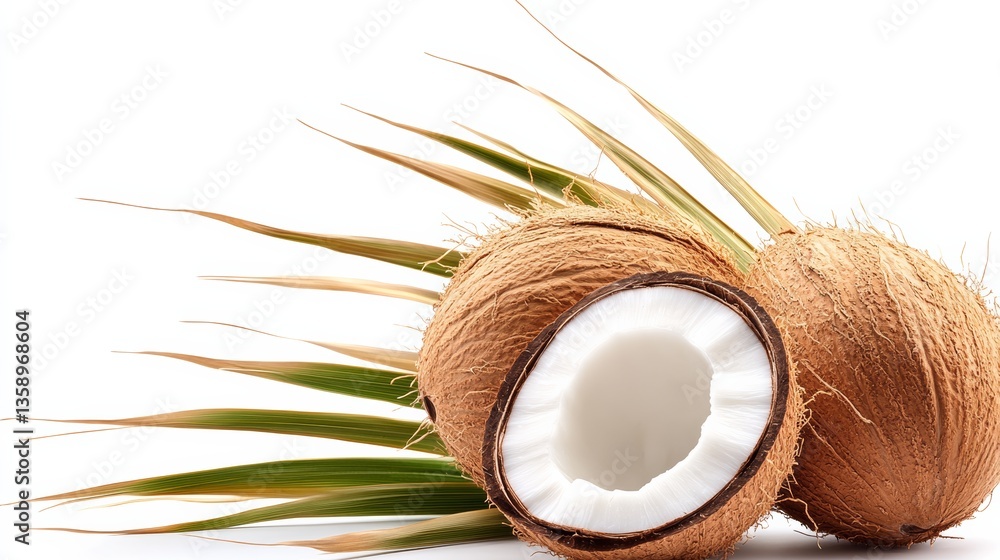 Poster two coconuts with one of them open. the other is closed. the coconuts are on a leafy green plant