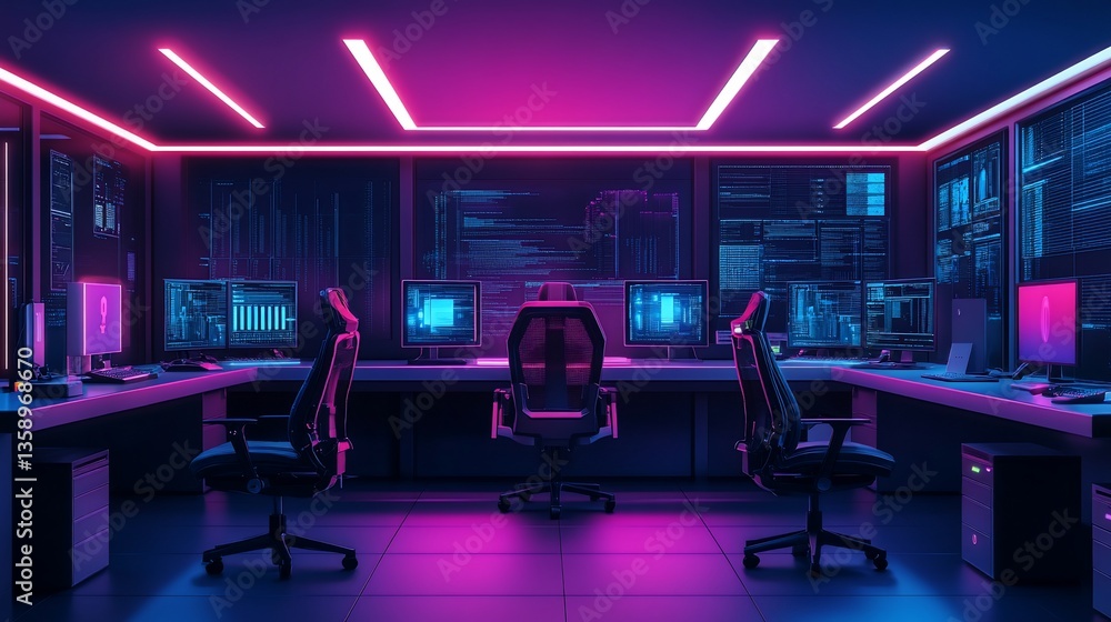 Aufkleber cyberpunk style computer room with glowing pink lights and multiple screens displaying code
