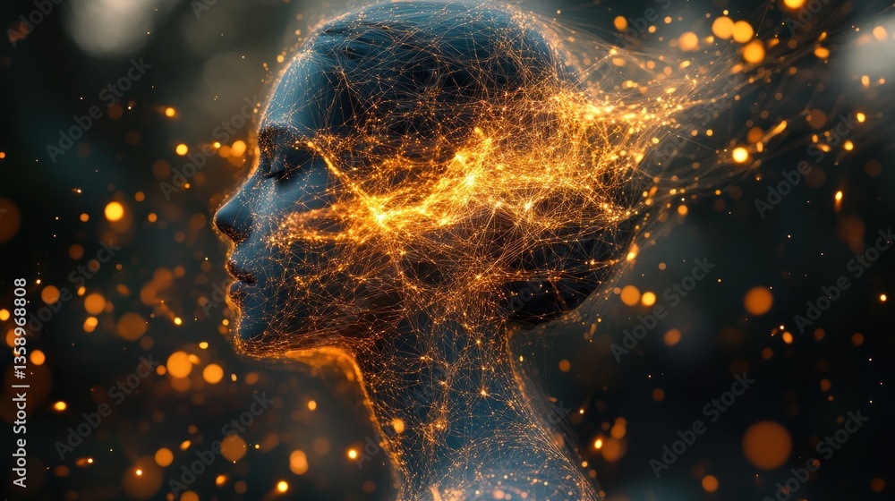 Poster a captivating depiction of artificial intelligence showcasing a woman's profile adorned with glowing