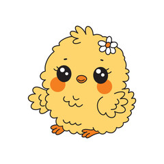 Cute Kawaii Yellow Chick. Little baby chicken adorable Easter character. Farm animal vector illustration