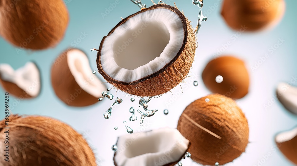 Aufkleber close up of a coconut with water splashing out of it. the image is a creative representation of the 