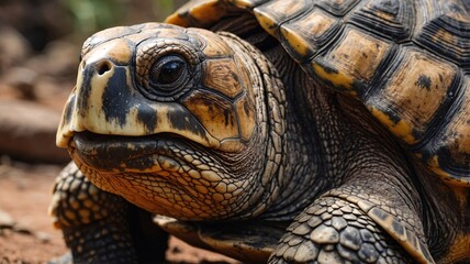 Obraz premium Close-up of a mature tortoise displaying intricate shell patterns in warm, earthy tones.