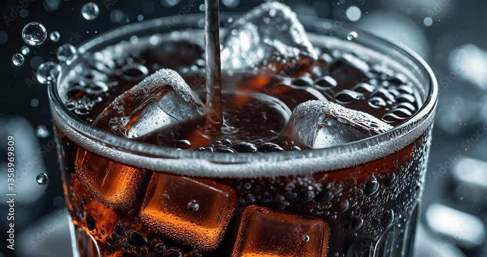Poster cola on ice. detailed view of ice cubes in liquid. surface texture of a carbonated beverage with bub