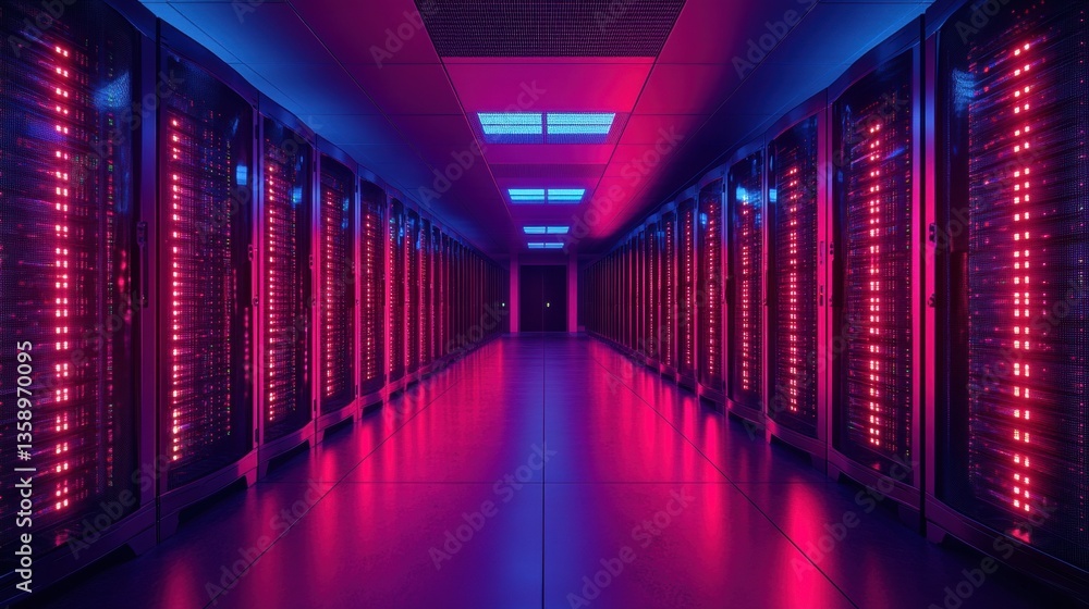 Poster server room with glowing red lights and blue ceiling lights. use for cloud computing, big data, or i