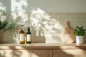 Sunlight bathing olive oil, wine, and cutting board in modern kitchen