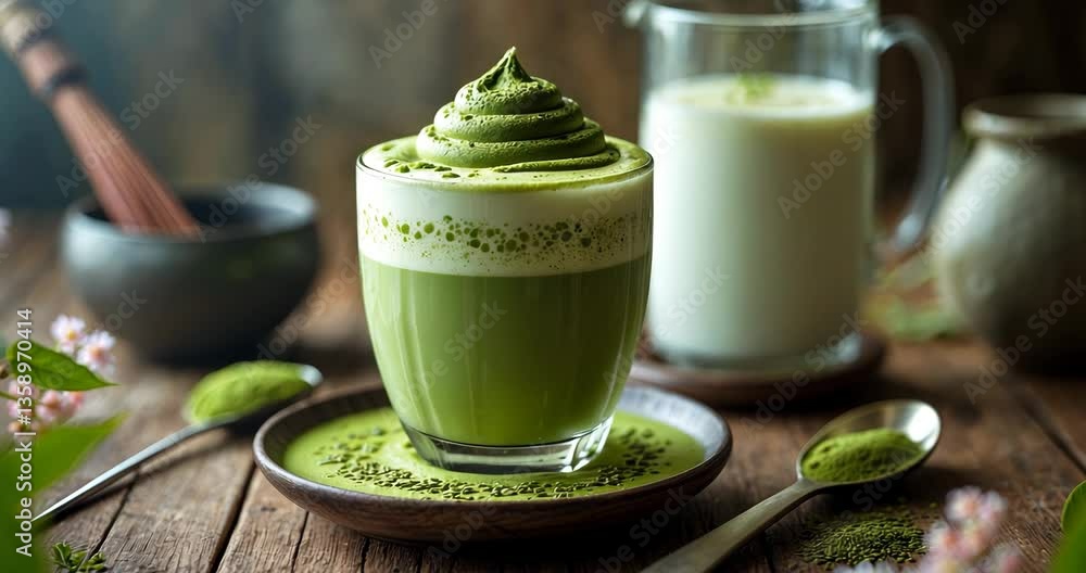 Poster a cup of matcha froth latte with a jug of milk and a chasen whisk in the background. matcha serves a