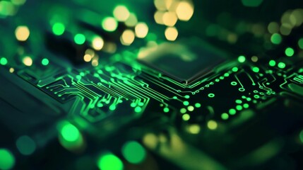 Obraz premium Circuit board illustration with green lights and bokeh effect representing electronic innovation