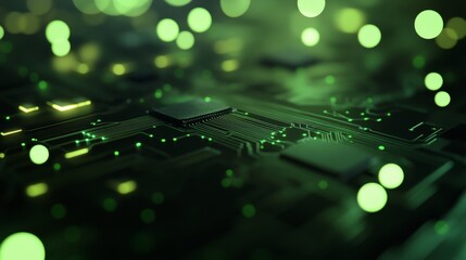 Circuit board with green lights and bokeh effect symbolizing innovation in electronics design