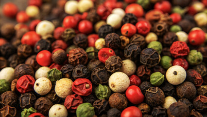 Obraz premium Macrophotograph of a mixture of black, white, green and pink peppers. Natural spices, spices for cooking, flavorful ingredient for dishes, texture, dried product.