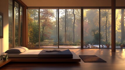 Fototapeta premium A Modern Bedroom with a Comfortable Seating Area and Warm Lighting