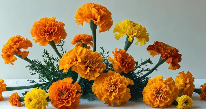 COLOURFUL MARIGOLD FLOWERS SET AGAINST A WHITE BACKGROUND.