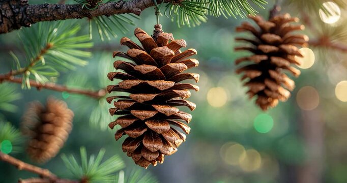 Close-up of a cedar pine cone on the tree, the most prevalent variety of coniferous tree. Pitch Pine tree featuring new brown pine cones and green pine needles. Warm illumination and shallow depth of