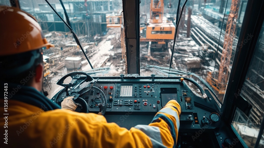 Poster focused crane operator in cockpit working on controls at site
