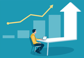 Planning a goal. Successful investment. Businessman sitting at a desk imagining growth and success. Business vector illustration