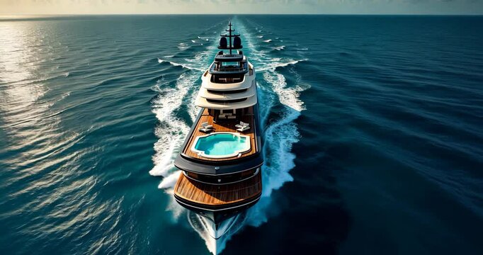 Aerial drone ultra-wide panoramic image featuring modern mega yacht with wooden deck moored in the deep blue sea, with space for text.