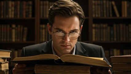 Close-up of focused Caucasian man in his 30s reading an open book, Warm lighting and serious mood, Knowledge, education, history, and reading are concepts, 