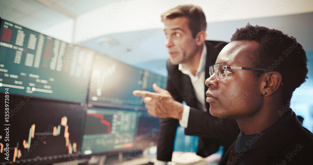 Poster computer screen, trading and men in office, discussion and internet with connection, stock market an