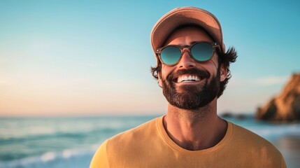Man with a beard and sunglasses is smiling at the camera. He is wearing a yellow shirt and a hat