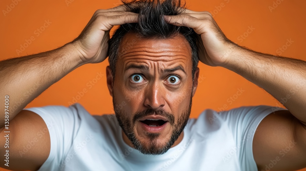 Poster man with a bald head and a beard is looking at the camera with a surprised expression. concept of sh