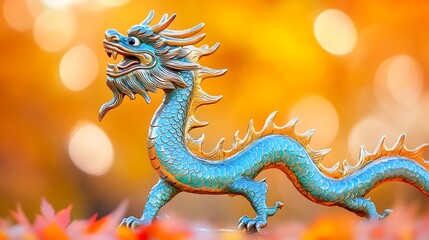 Teal dragon statue on autumn leaves.