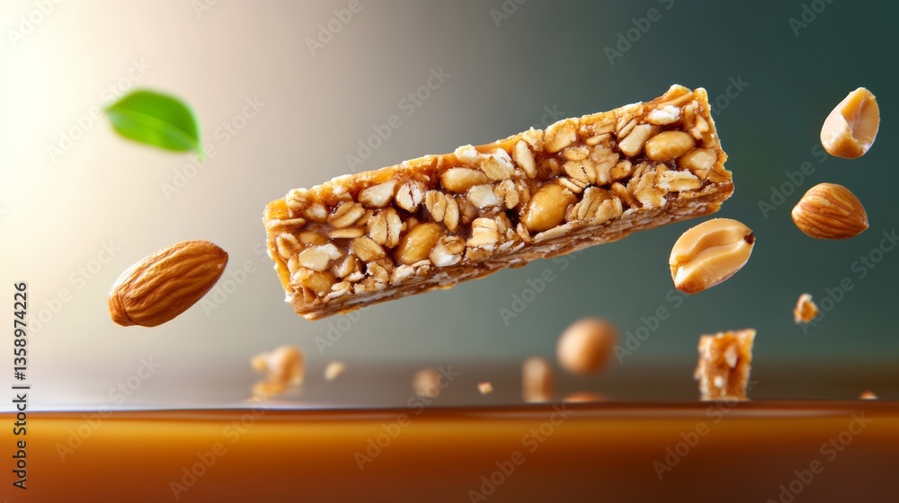 Poster bar of granola with nuts and a leaf on top. the nuts are scattered around the bar and some are falli