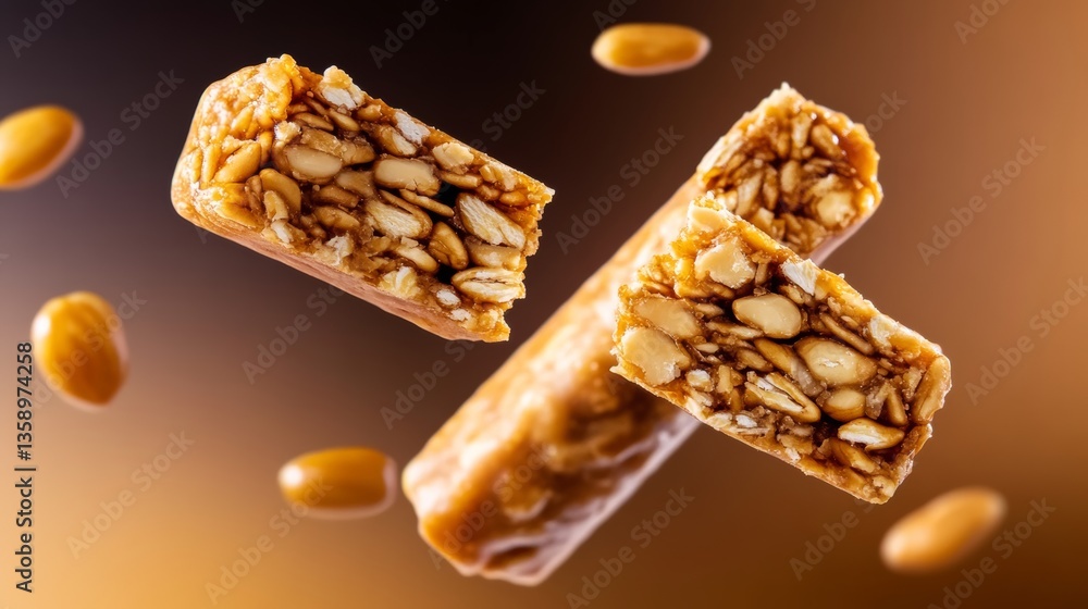 Poster close up of three nut bars with nuts scattered around them. the nut bars are open, revealing the nut