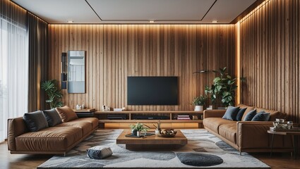 Modern living room interior with fireplace and comfortable furniture