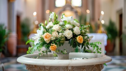 Fototapeta premium A baptismal font adorned with flowers and greenery for the ceremony.