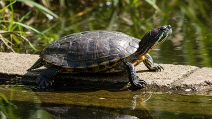 A red-eared slider turtle sits on a stone near water, The animal rests calmly in nature, reflected in pond's surface during daylight, Focus on wildlife and aquatic ecosystems,