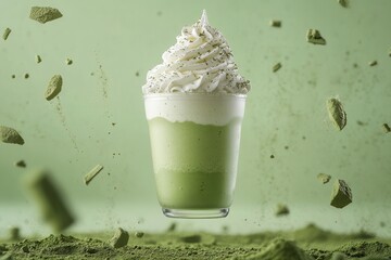 Iced matcha latte with whipped cream, matcha powder falling around. Perfect for menus, ads, or blog posts about drinks or coffee shops.