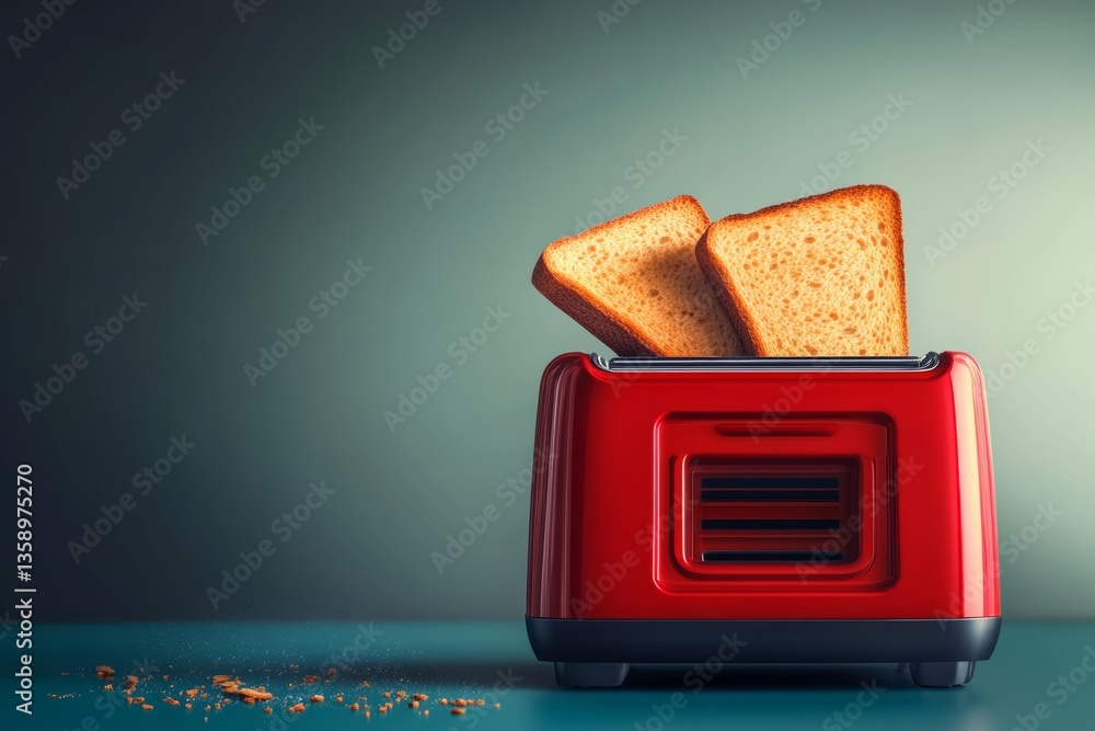 Poster red toaster with two slices of toast in it. the toast is slightly burnt and the toaster is on a tabl