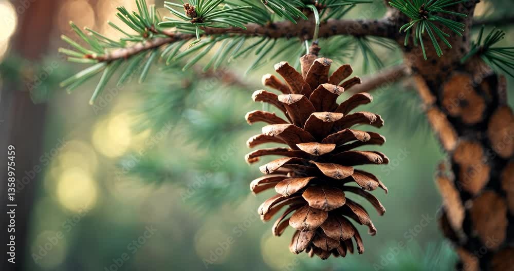 Poster close-up of a cedar pine cone on the tree, the most prevalent kind of coniferous tree. pitch pine tr