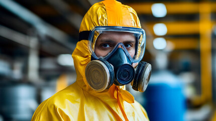 A scientist dressed in protective clothing and a mask is focused on handling hazardous chemicals in a lab designed for safety and experimentation.
