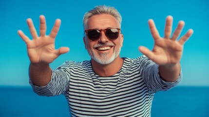 Naklejka premium Man with a beard and gray hair is smiling and holding his hands up in the air. He is wearing a striped shirt and sunglasses