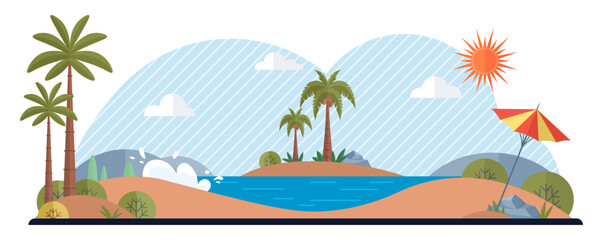 Relaxing island beach scene with palm trees, a calm sea, bright sun, and a colorful beach umbrella. Ideal for summer, travel, relaxation, vacation, and nature themes. Clean and minimalist style