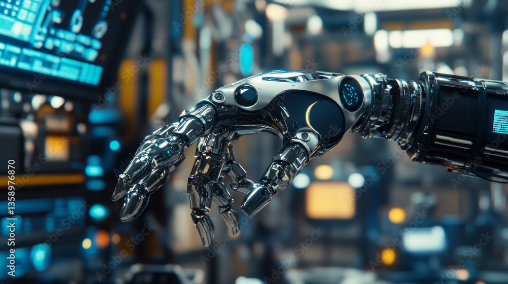 Poster in a high-tech industrial environment, an ai-driven robotic arm is performing intricate tasks, showc