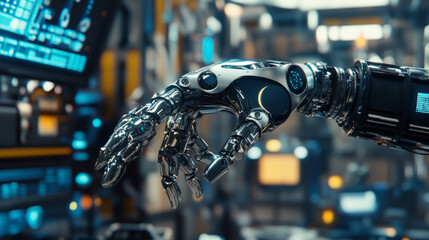Fototapeta premium In a high-tech industrial environment, an AI-driven robotic arm is performing intricate tasks, showcasing automation and precision in manufacturing processes.