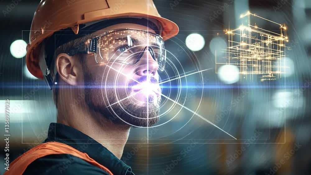 Poster augmented vision of an engineer: an engineer in a helmet and safety glasses examines data projected 