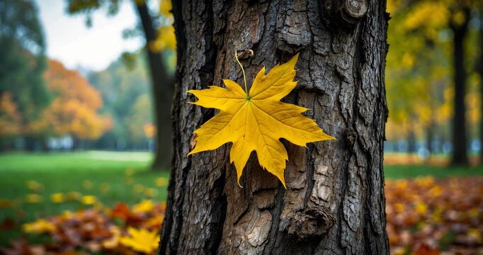 A golden maple leaf clings to the trunk of a tree. The bark contrasts with the leaf, while additional leaves blanket the ground, embodying the serene beauty of the season.